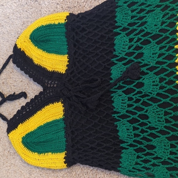 Crochet Boho Halter Style Lined Midi Dress Green Black Yellow XS/S - Picture 3 of 11